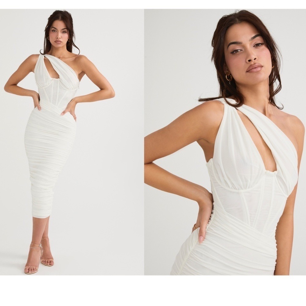 HOUSE OF CB 'Valentina' Ivory white Asymmetric Cutout Midi Dress NWOT Size S - Picture 1 of 13